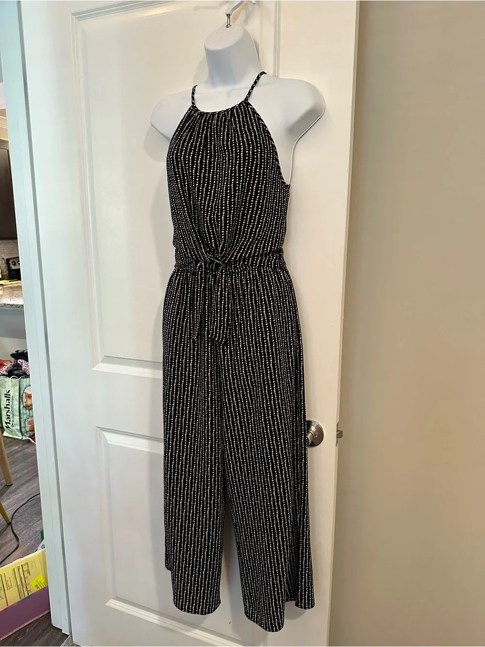 Speechless Cropped Leg Black Halter Jumpsuit with White Polka Dots Size Small